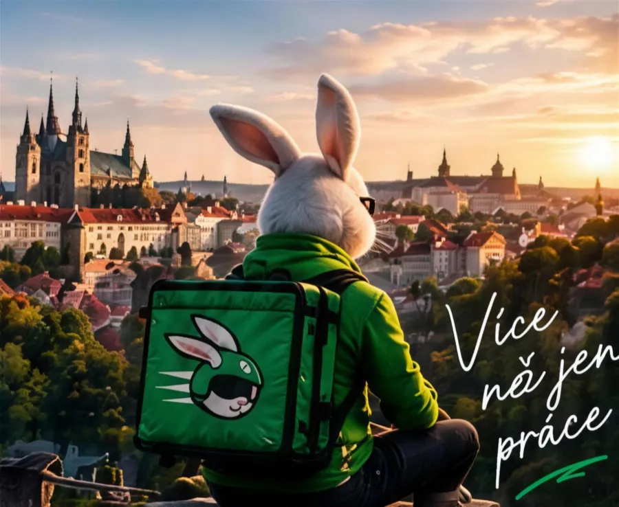 Kurýr flotily Bani s taškou Bolt Food při západu slunce nad Prahou